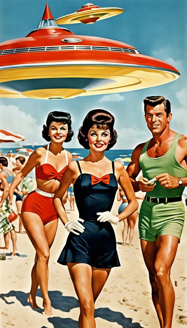Retro 1950s Beach Movie Poster with Flying Saucer