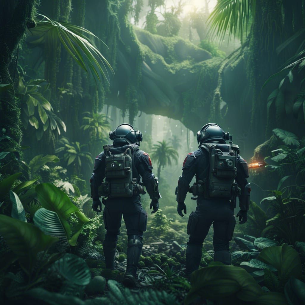 Futuristic Mercenaries Patrol Jungle in Spacesuits