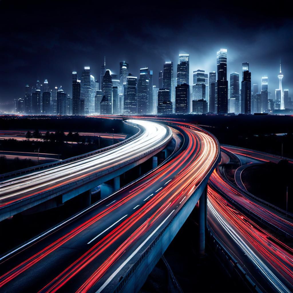 City Highway at Night in Long-Exposure Photography