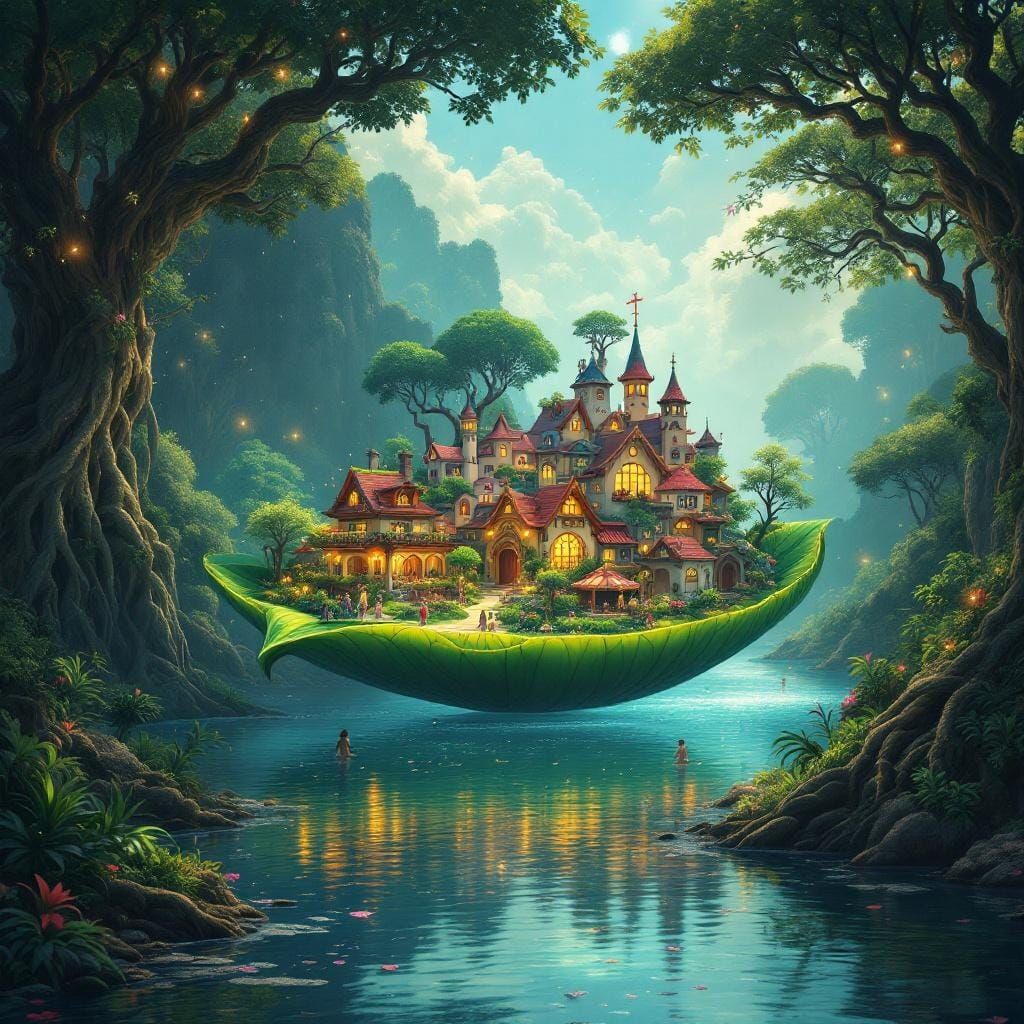 Floating Village in Mystical Elf Forest, Anime Style