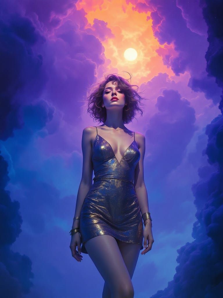 Golden Sundress Woman in Violet-Blue Twilight