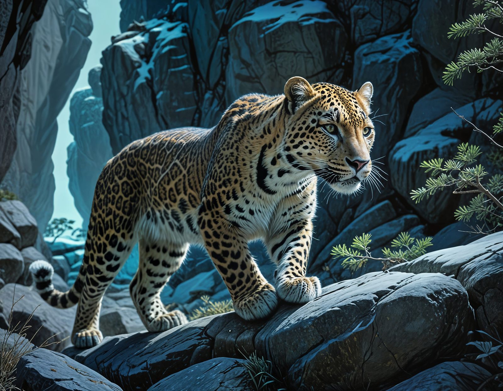 Surreal Portrait of Armored Leopard in Turquoise Winter Land...