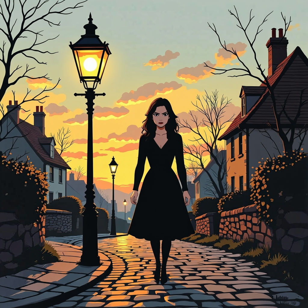 Grumpy Streetlamp Glaring at Woman on Village Path