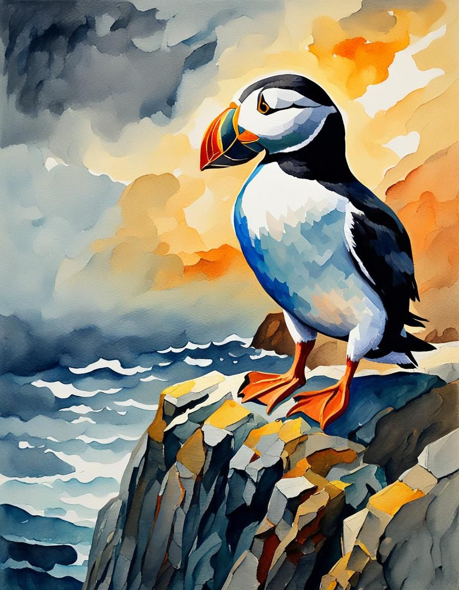 Puffin on Cliff: Watercolor Gouache Impressionist Art