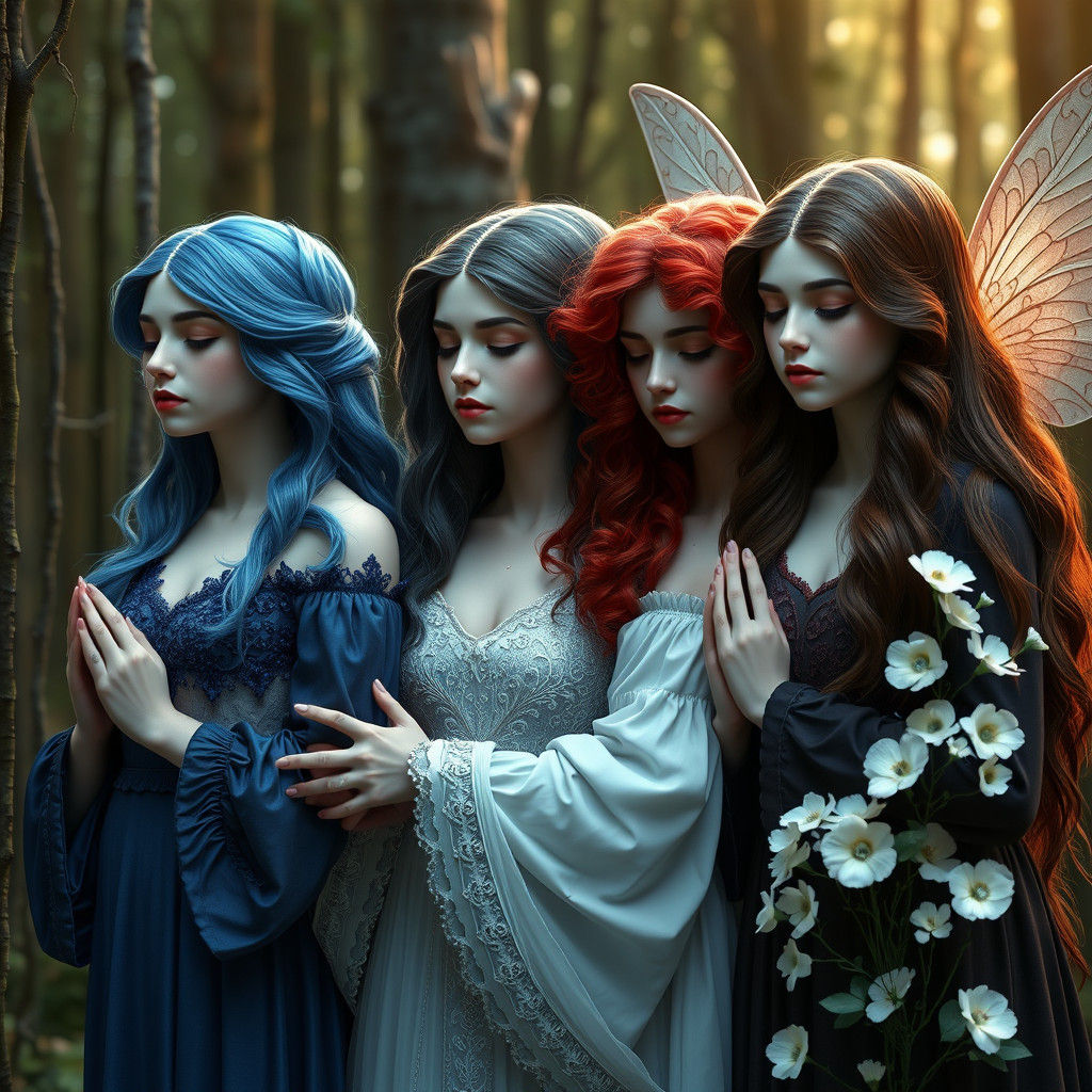 Four Beautiful Women Praying in the Woods