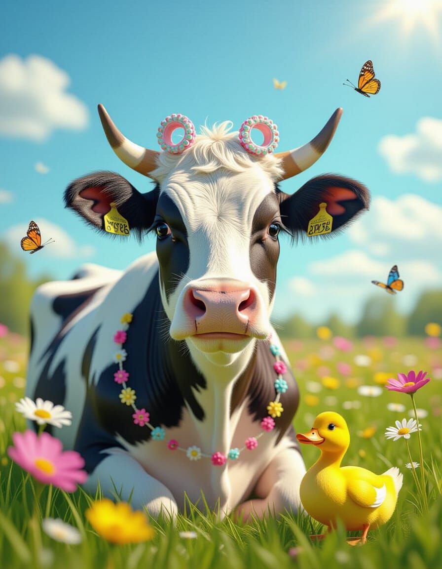 Cow with Curlers in Flower Meadow, 3D Render