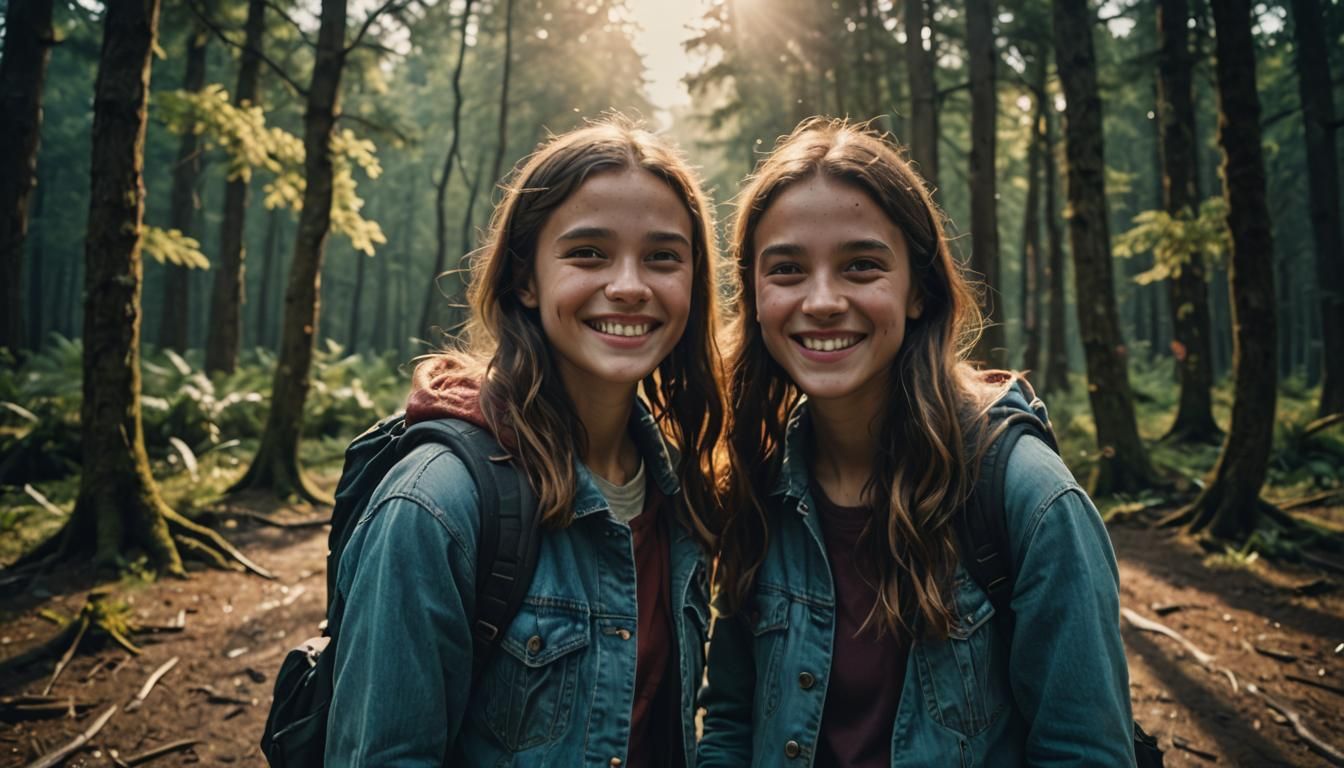 Smiling Sisters in Cinematic Film Still
