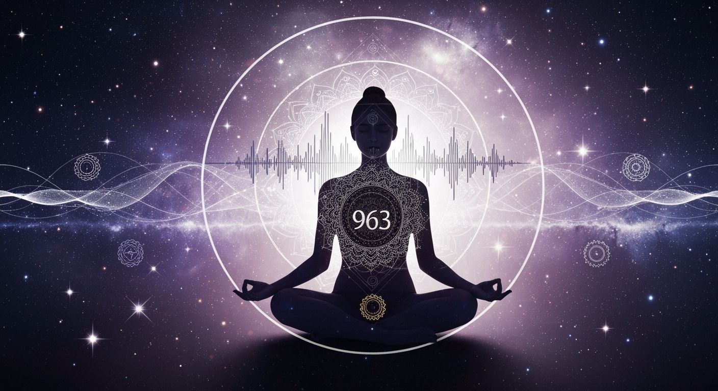 Meditative Woman with Cosmic Logo in Ethereal Style