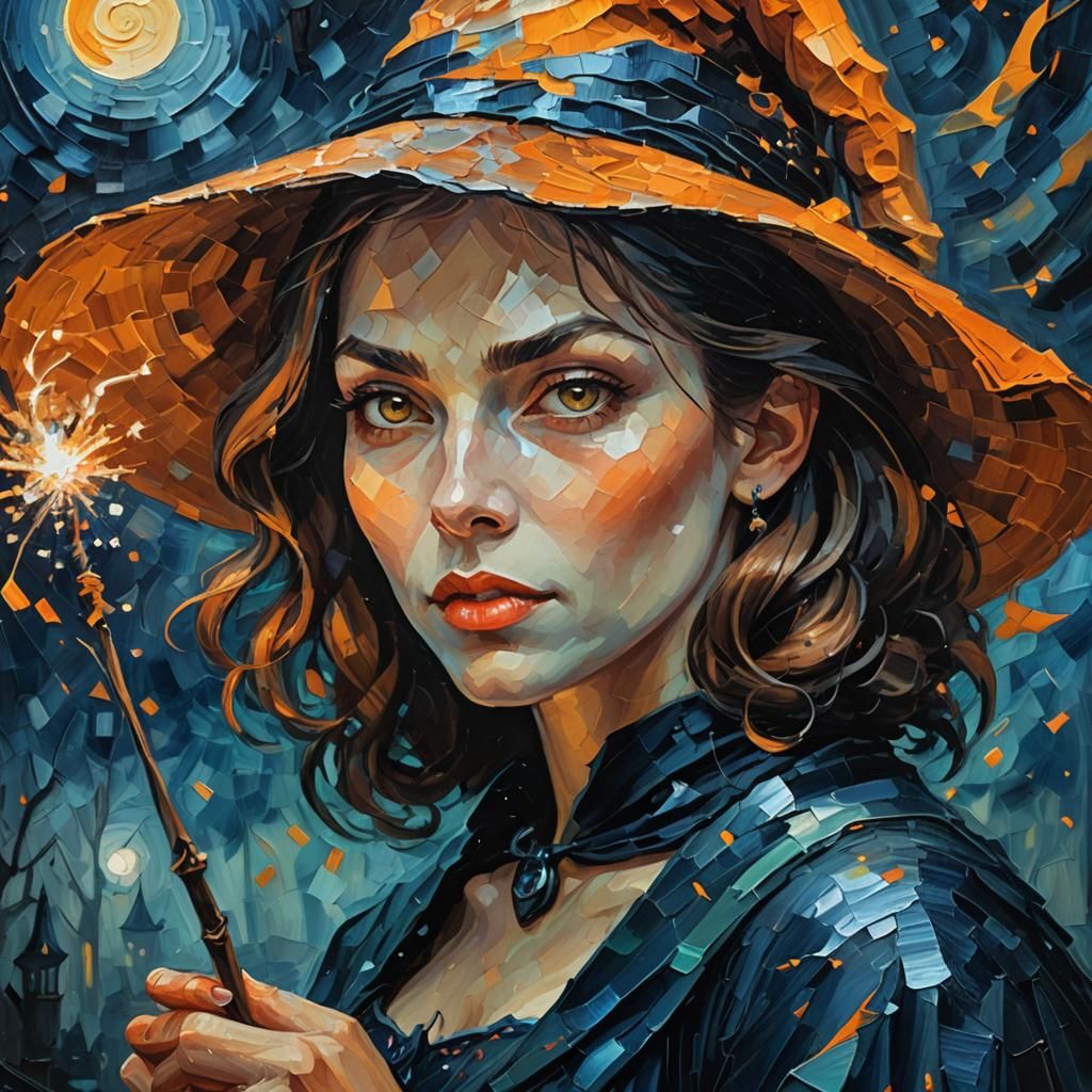 Young Witch on Halloween Night: Neo-Impressionist Oil Painti...