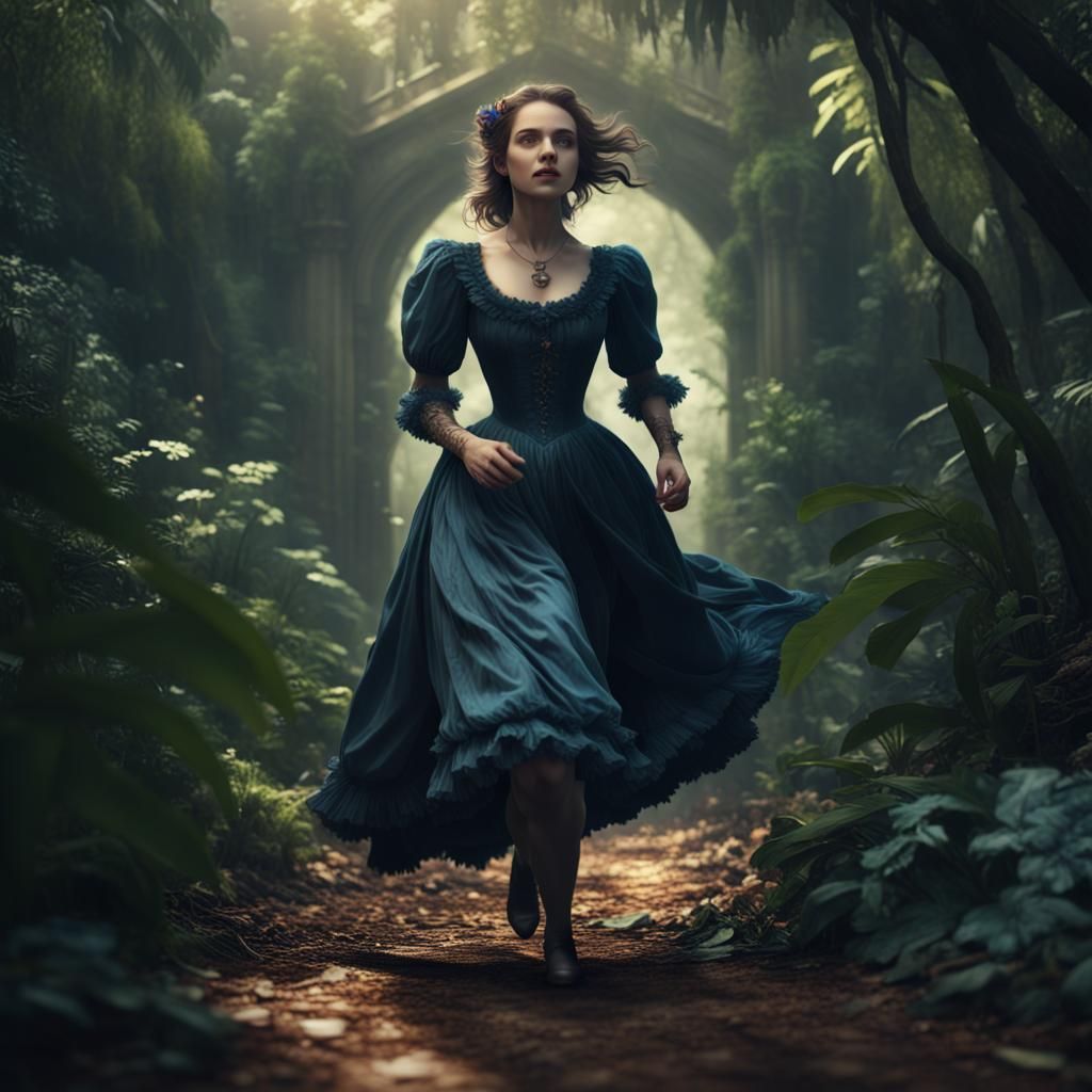 Victorian Girl Runs Through Jungle: Detailed Matte Painting
