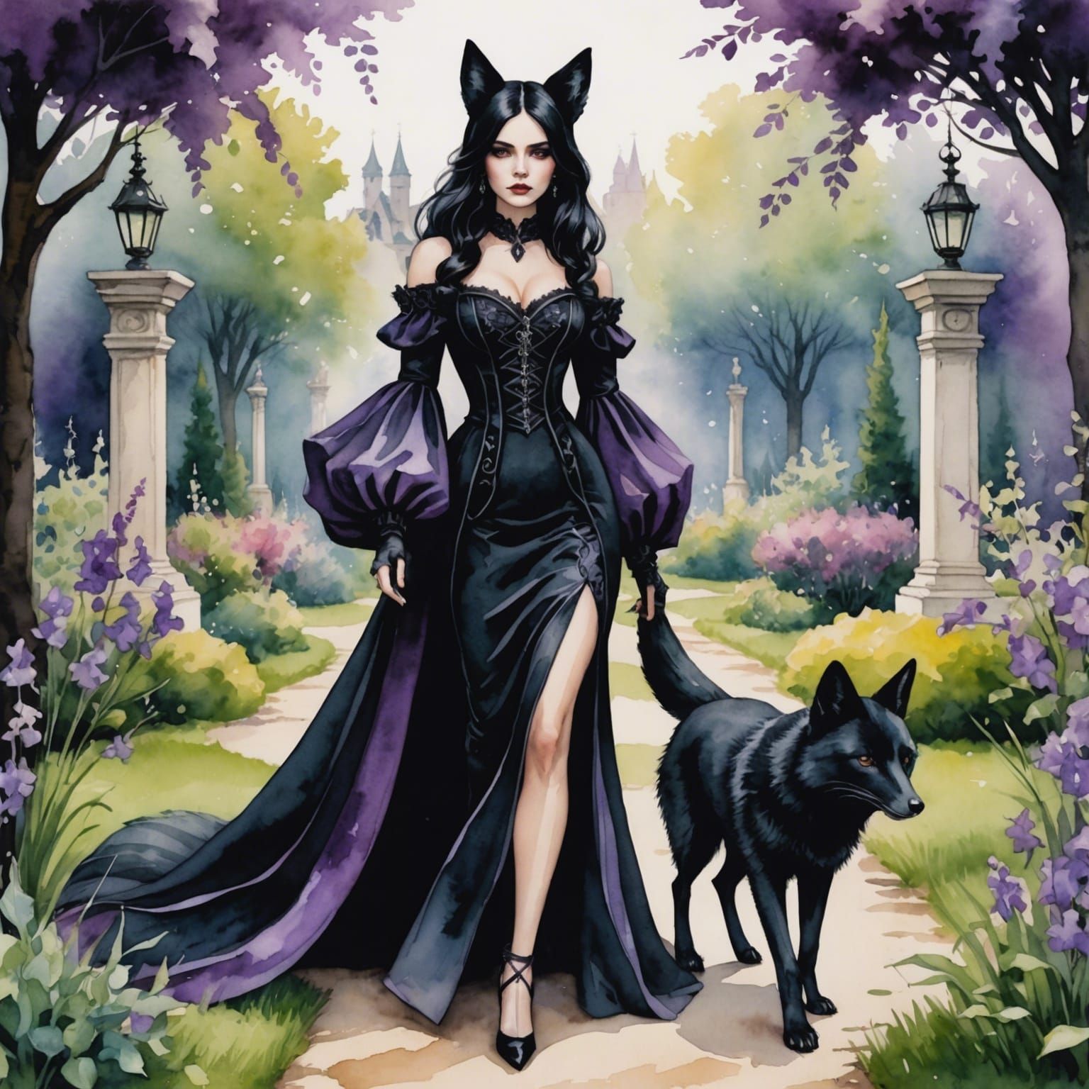 Woman with Fox Ears in Watercolor Garden