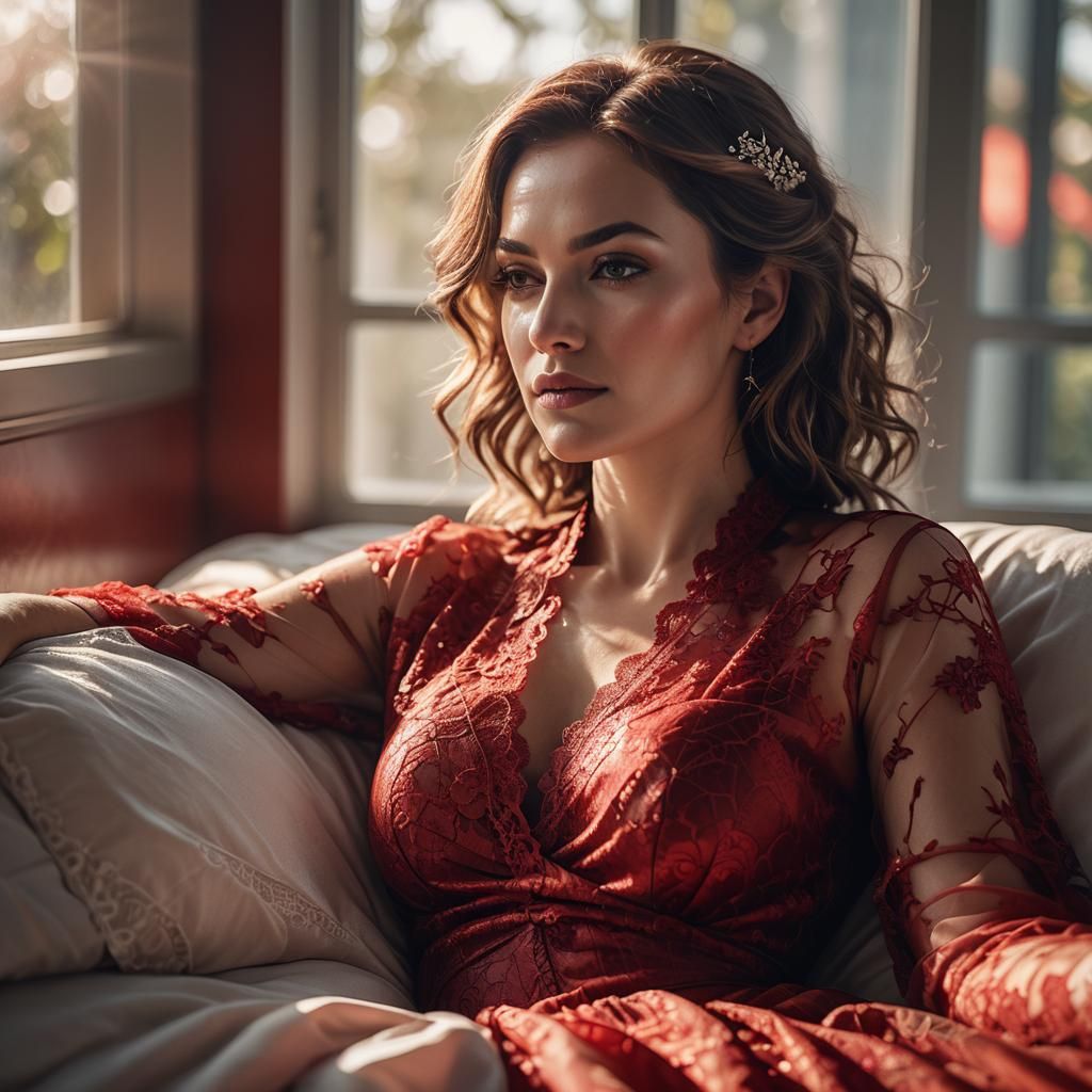 Elegant Woman in Red Lace: Photorealistic Portrait