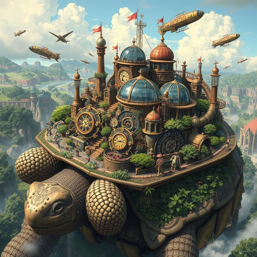 Steampunk City on a Giant Tortoise in Detailed Style
