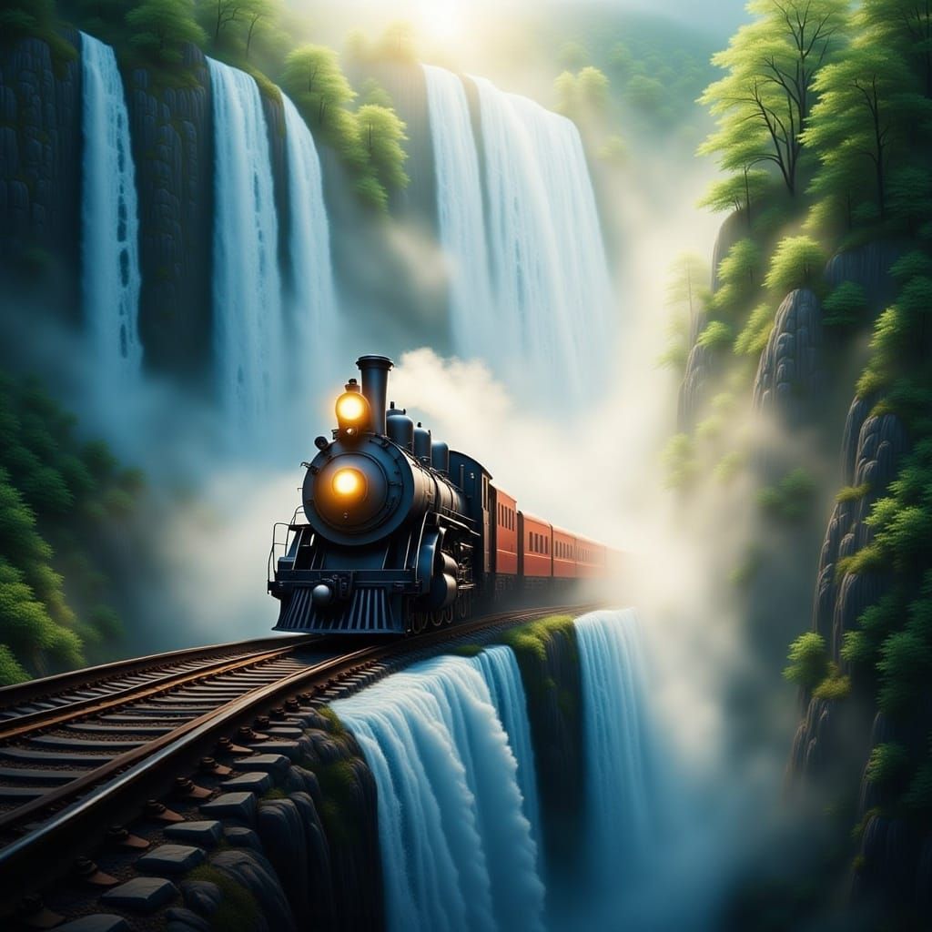 Train Rides Through Waterfall in Ethereal Light