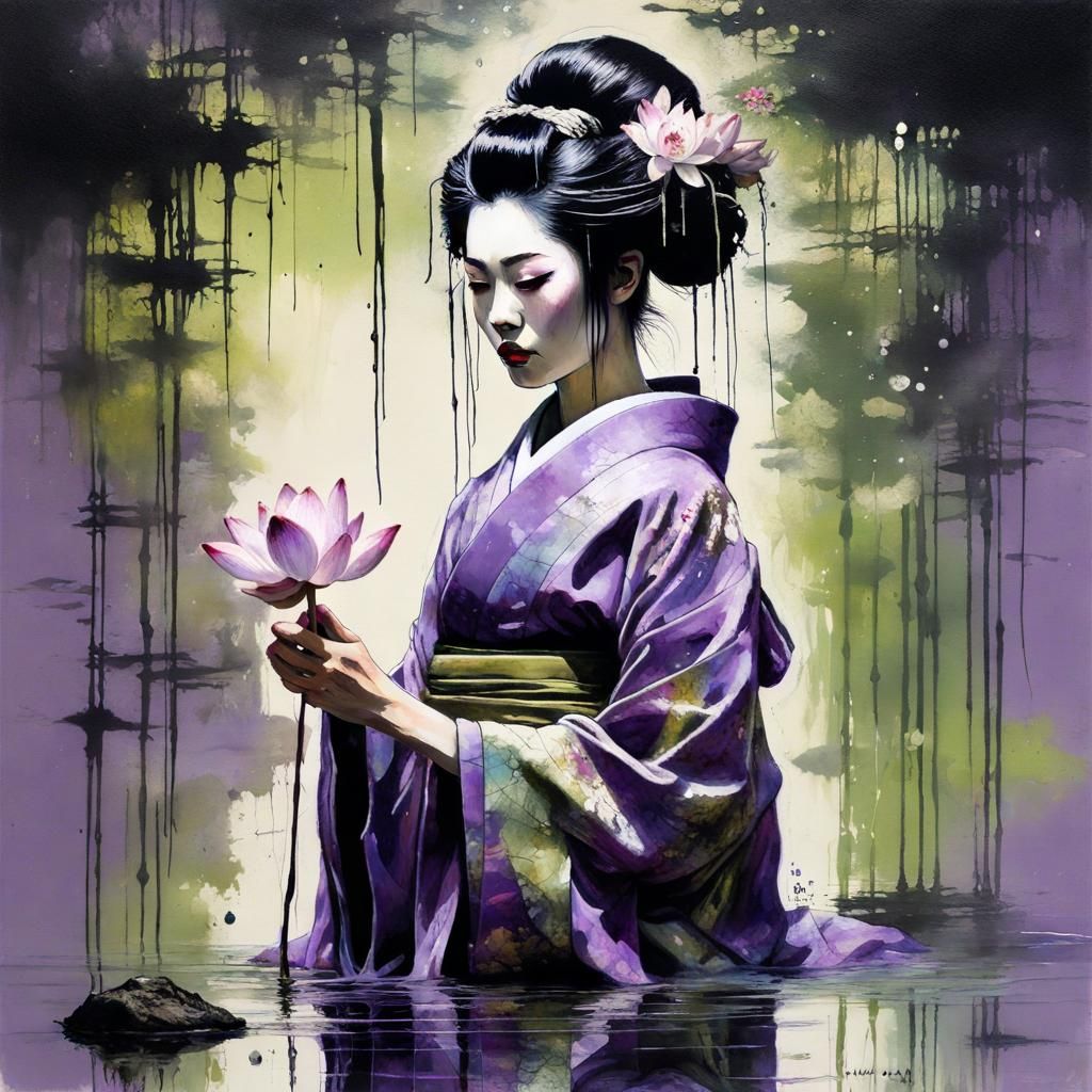 Geisha in Mirrored Reflection: Graffiti Art Style