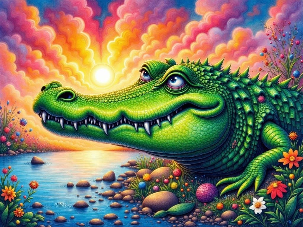 Whimsical Watercolor Crocodile in Vibrant, Textured Art