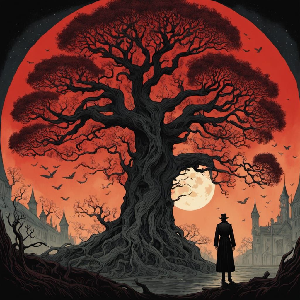 Eerie Silhouette: Oak Tree and Shadow Figure in Art Nouveau ...