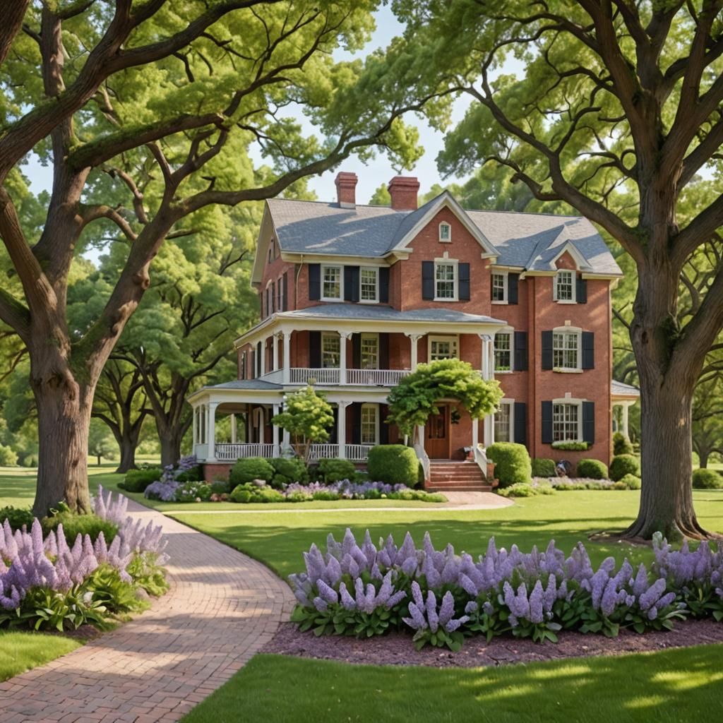 Red brick two story farmhouse, white trim with large oak tre...