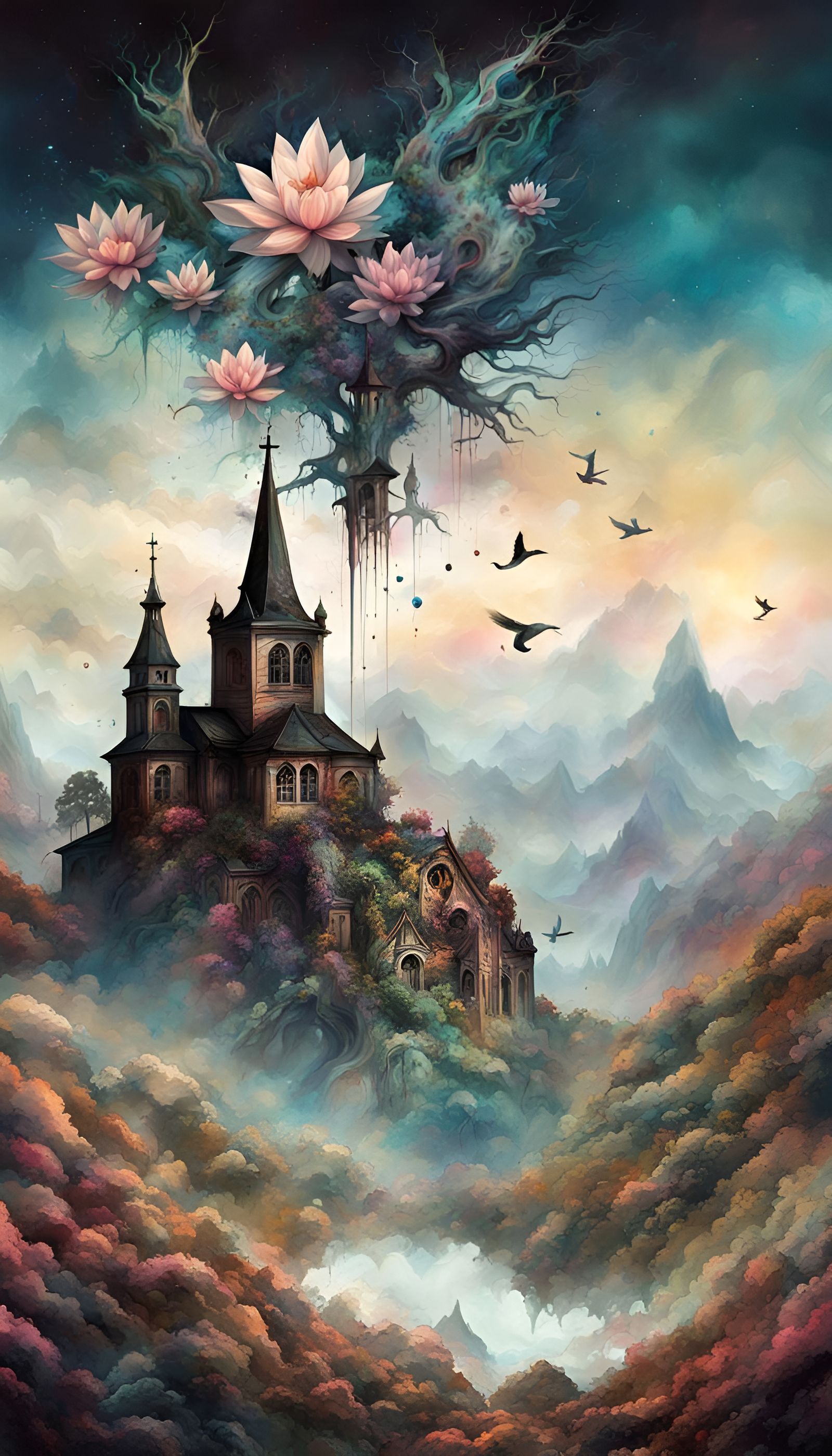 Surreal Fractal Landscape with Mountain Church