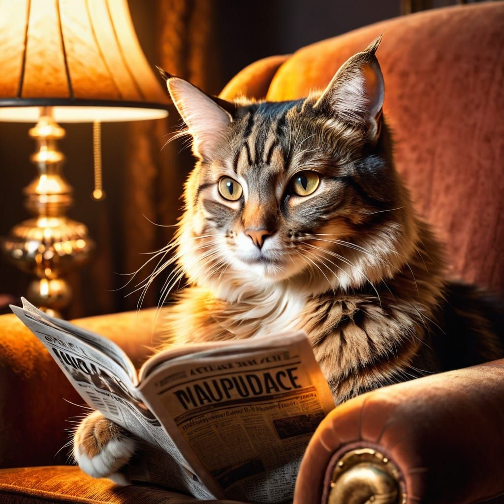 Boomer Cat Reading Newspaper in Cozy Armchair
