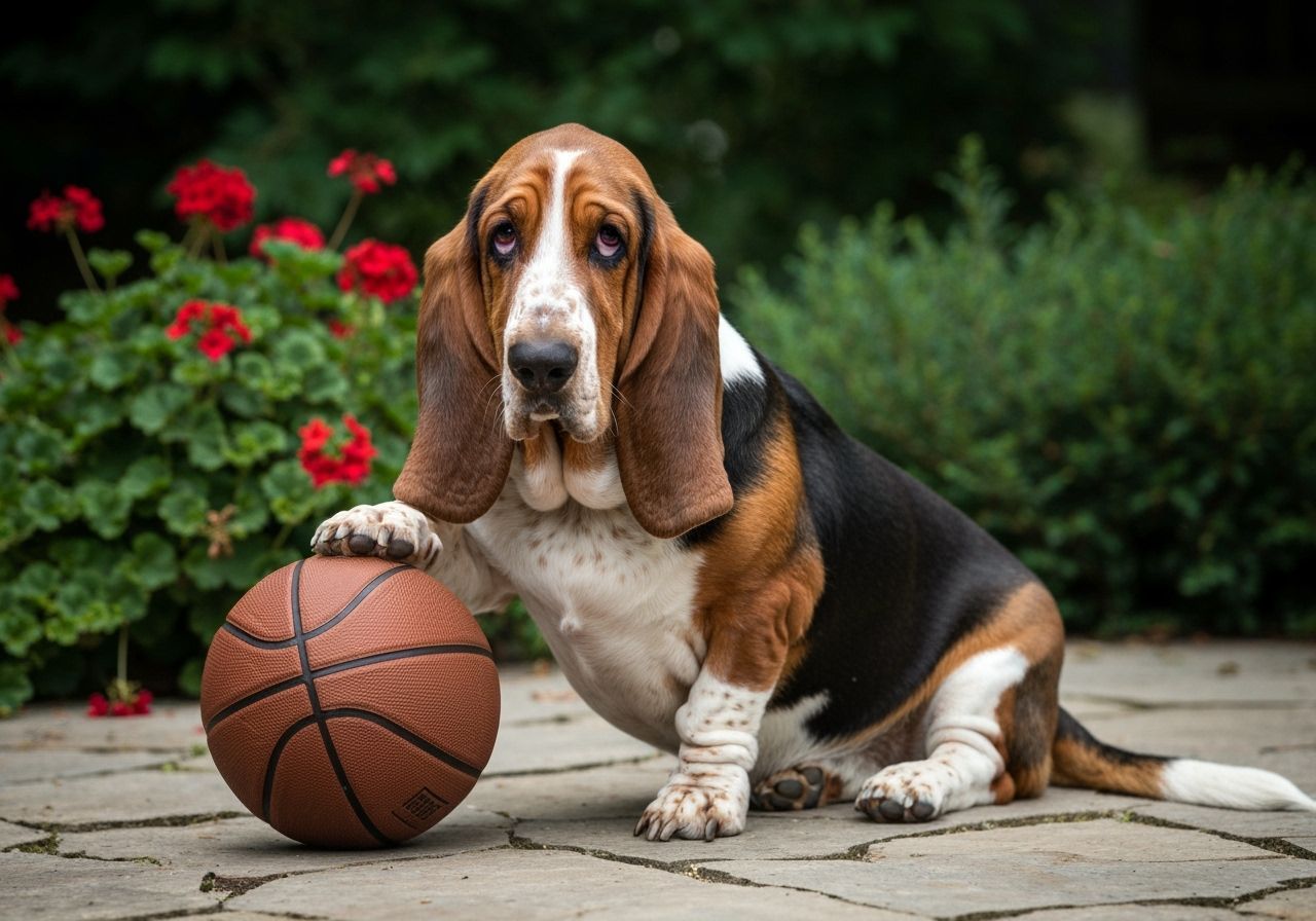 Basset Hound with Basketball on Patio