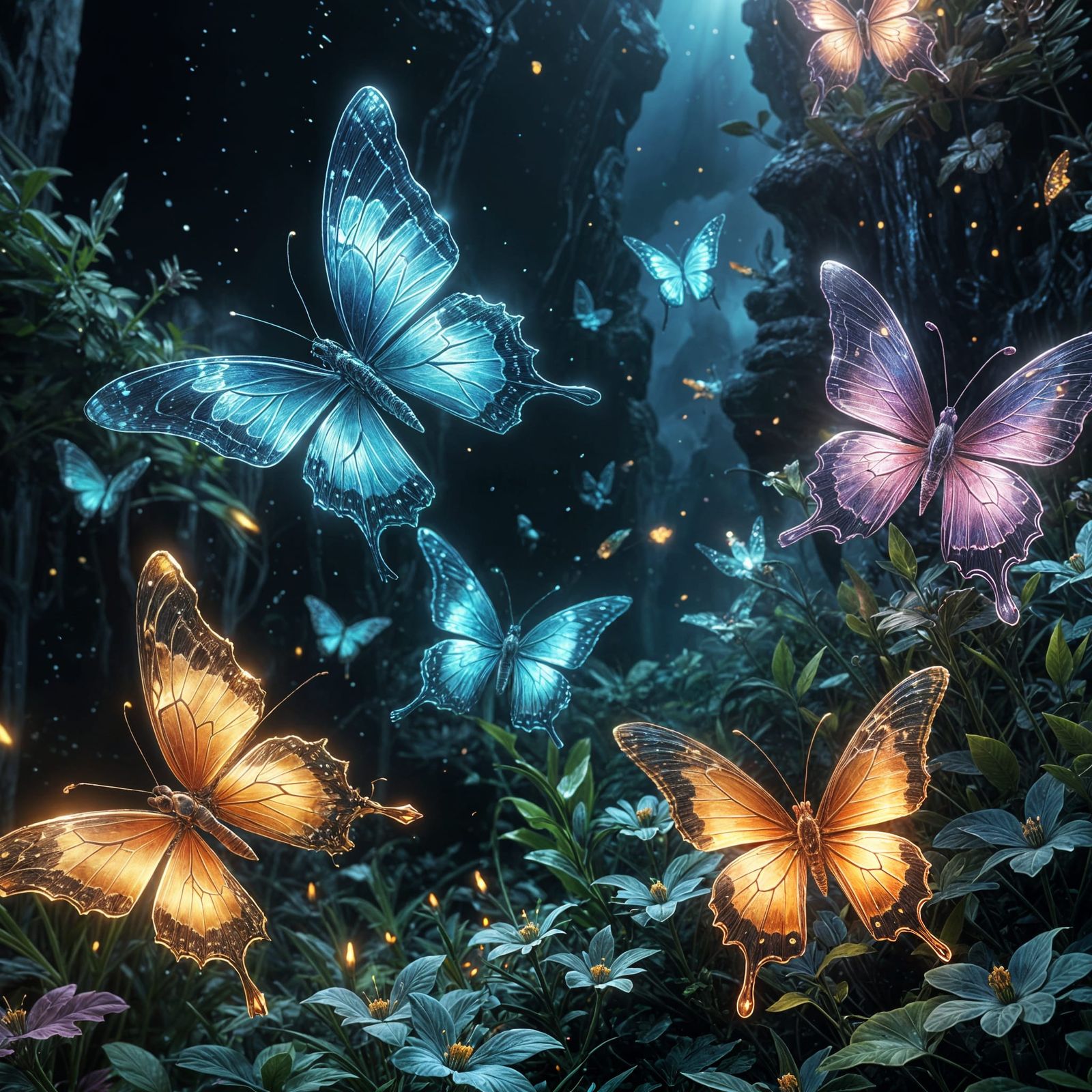 Ethereal Crystal Butterflies in Neon Splendor