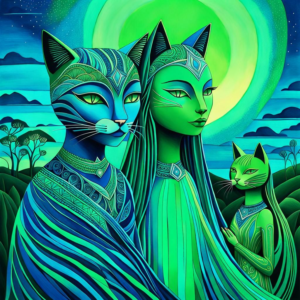 Green Woman and Cat-Woman in Art Brut Style