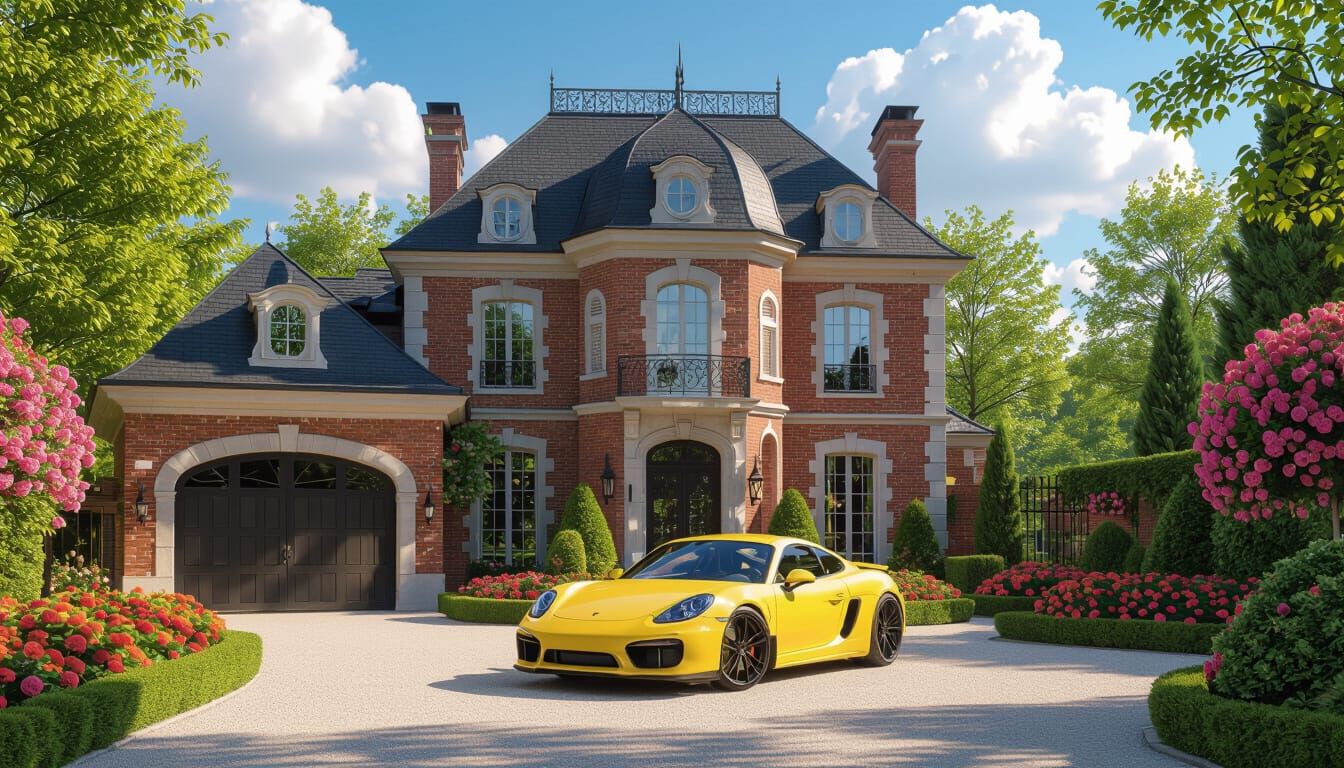 Grand Chateau with Yellow Sports Car in Vibrant Garden