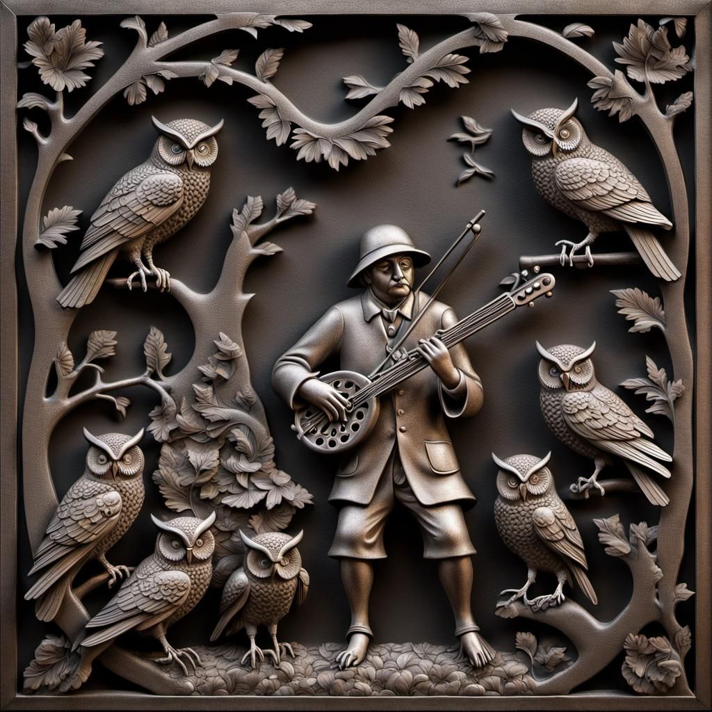 Wrought-Iron Relief Sculpture: Flautist and Owls