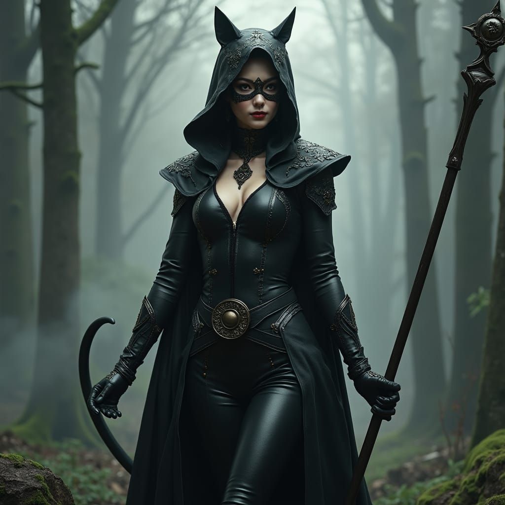 Cat-Themed Woman in Misty Forest: Matte Painting