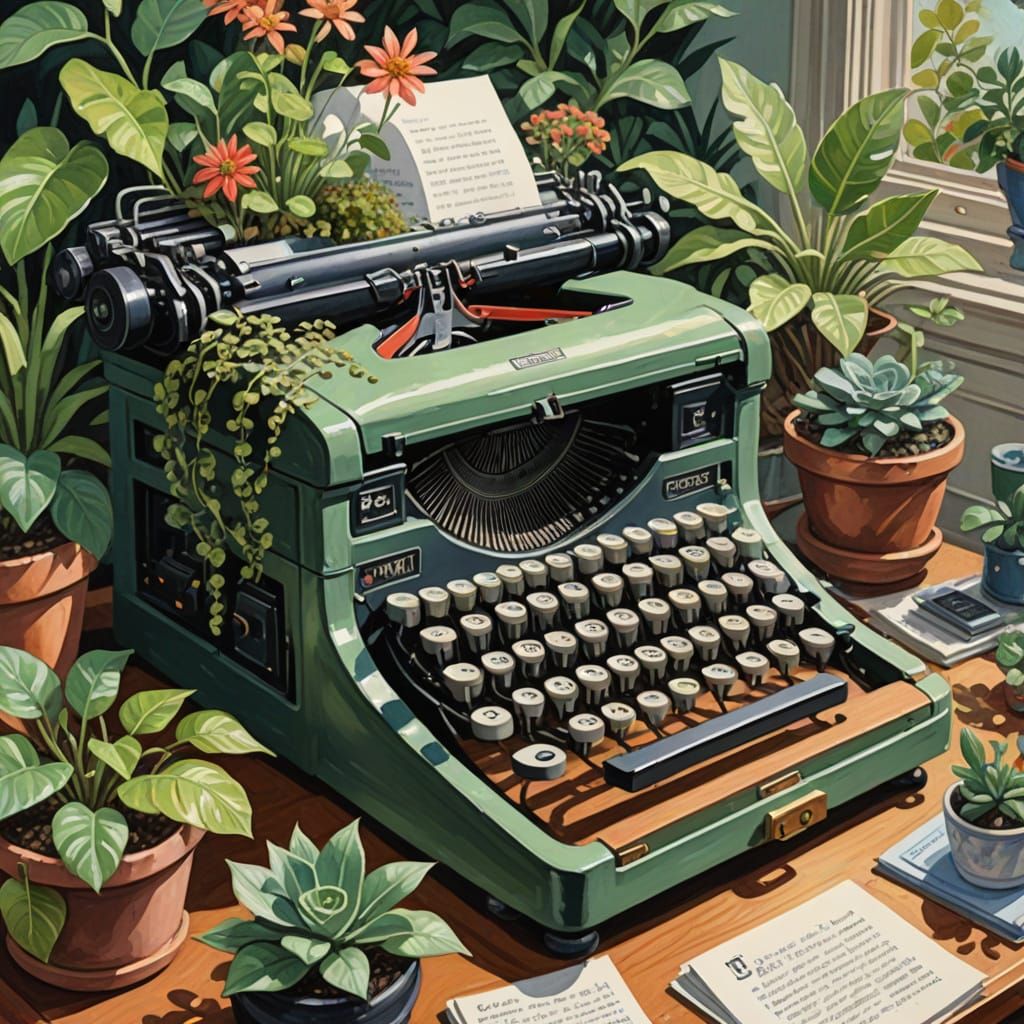 A typewriter turning into an overflowing miniature garden, w...