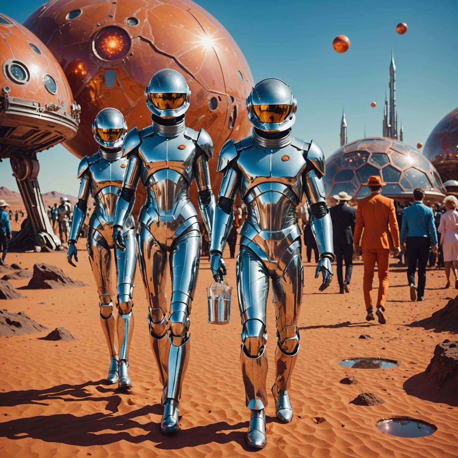 Retrofuturistic Space Travelers in Shimmering Silver on a Di...