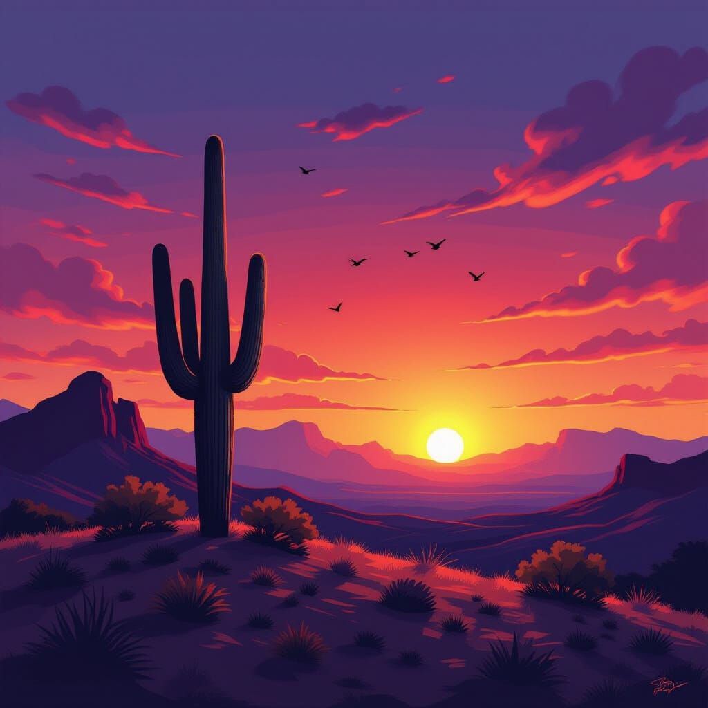 Saguaro Cactus at Sunset in Anime Style