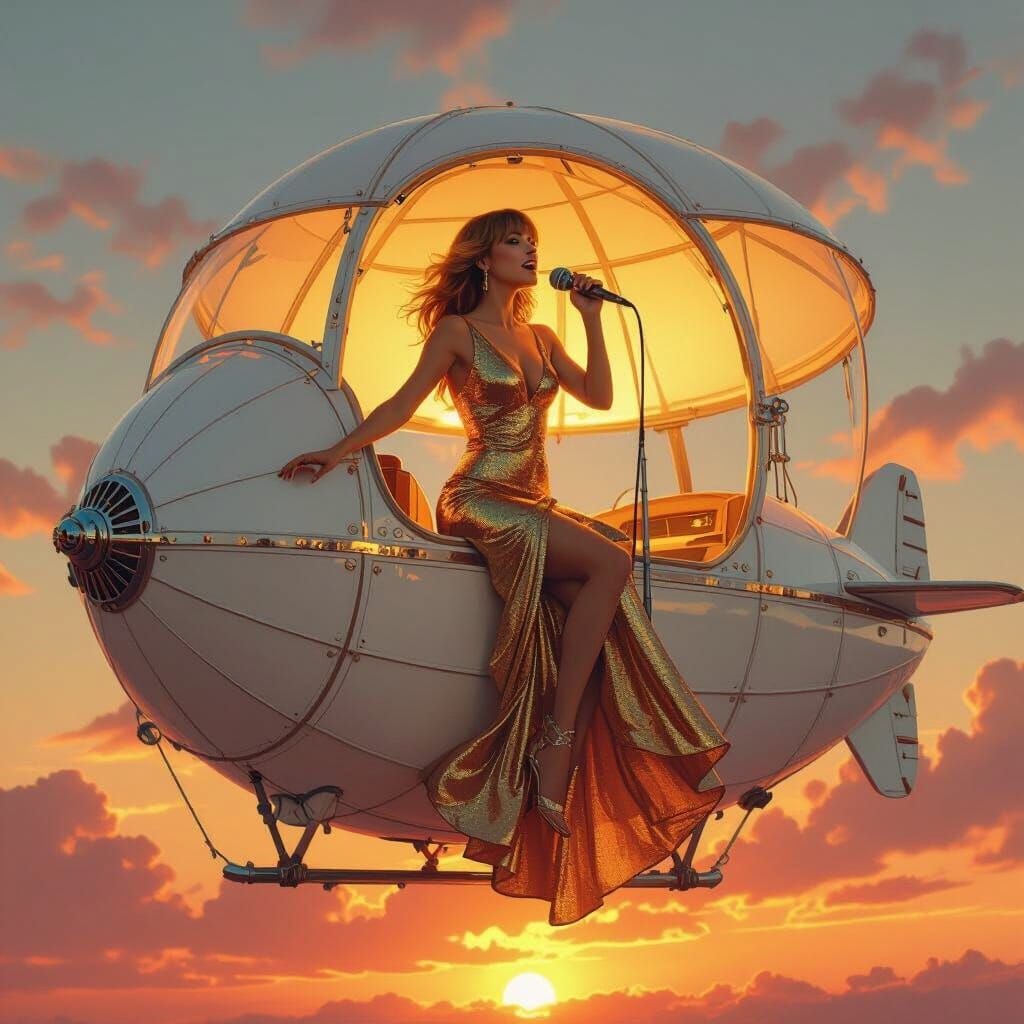 Taylor Swift Sings on Ornate Airship in Sunset Sky