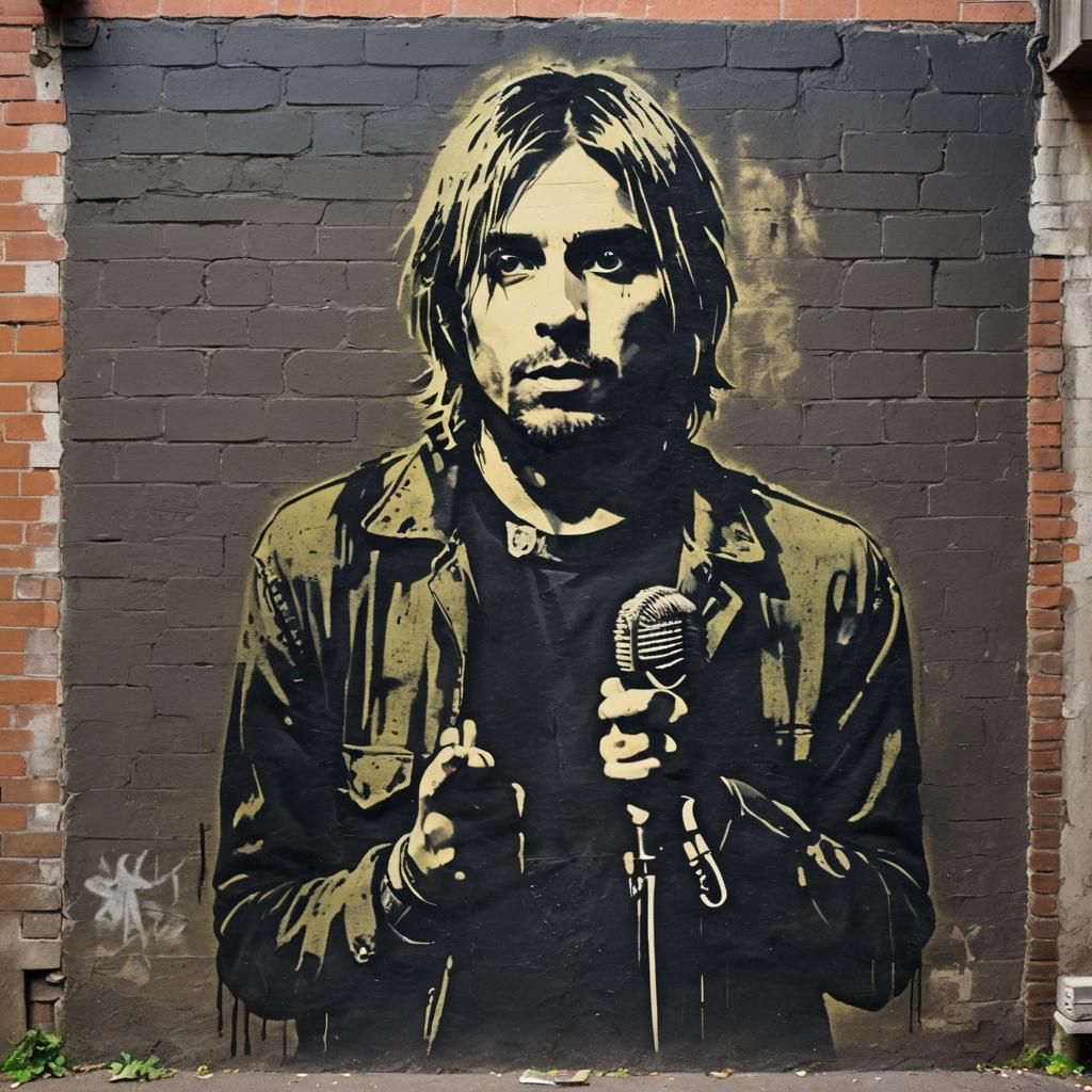 Kurt Cobain Stencil Graffiti in Dimly Lit Alley