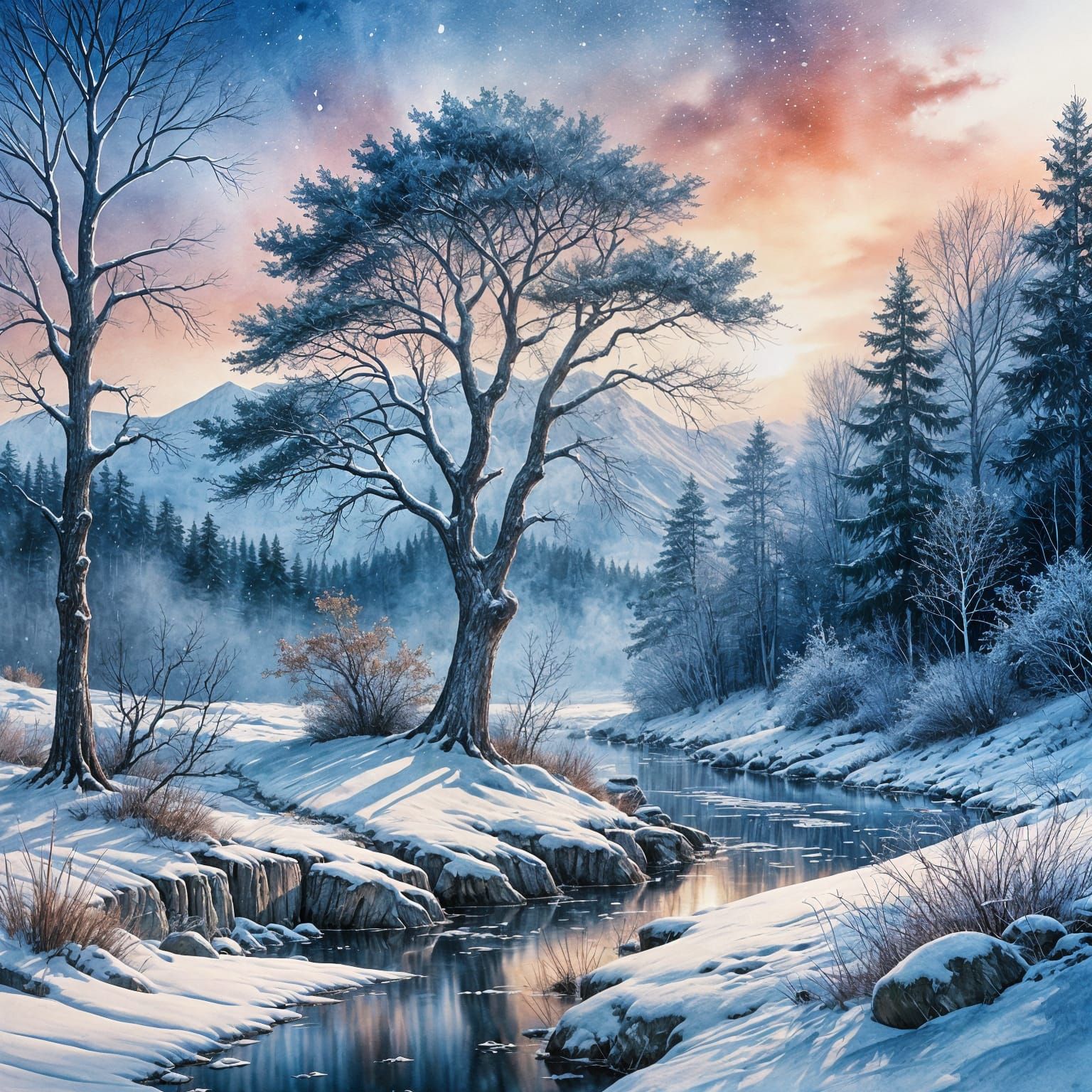 This serene winter watercolor fantasy landscape features gen...