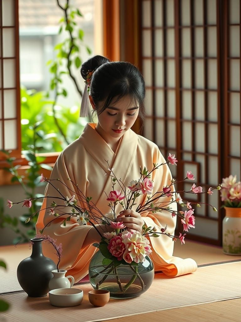 Traditional Japanese Woman Arranging Ikebana Flowers in Sere...