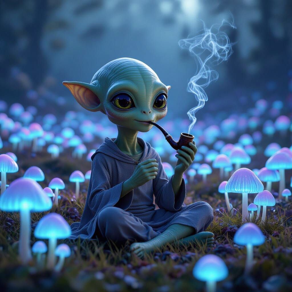 Friendly Alien Smoking Pipe in Glowing Mushroom Field
