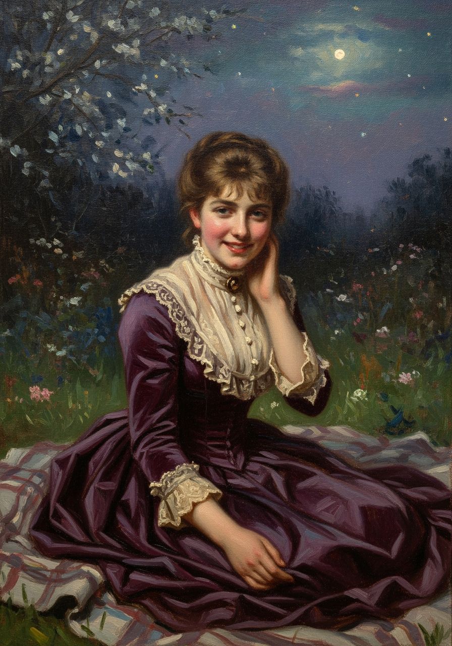 Victorian Woman in Starry Garden: Oil Painting