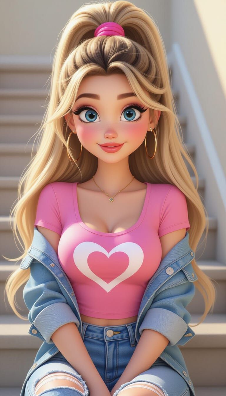 Blonde Cartoon Woman in Pink Outfit: Pixar-Disney Style