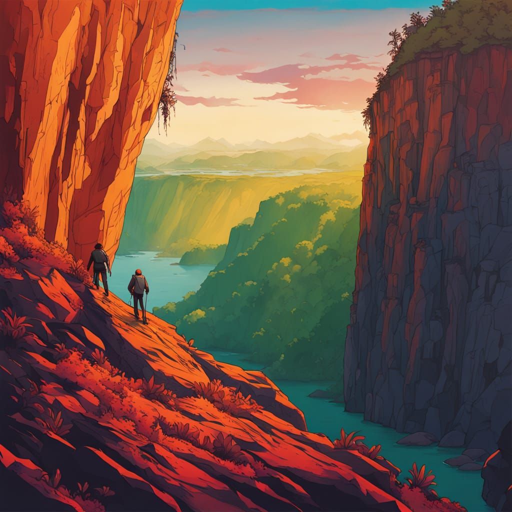 Adventurer Clings to Cliffside in Splash Art Style