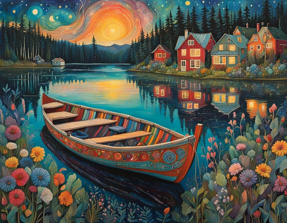 Swedish Lake Midsummer Night Art Brut Illustration