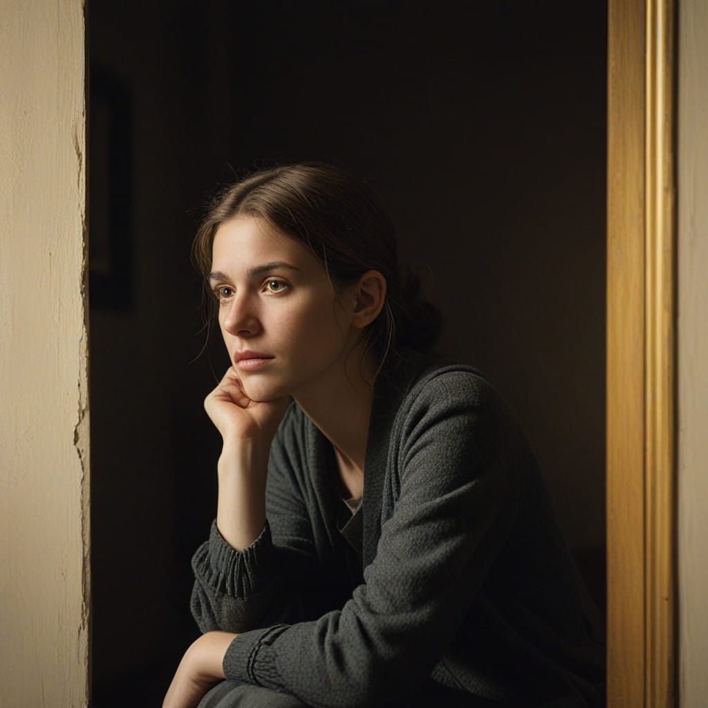 Woman Contemplating in a Dramatic, Golden Light Portrait