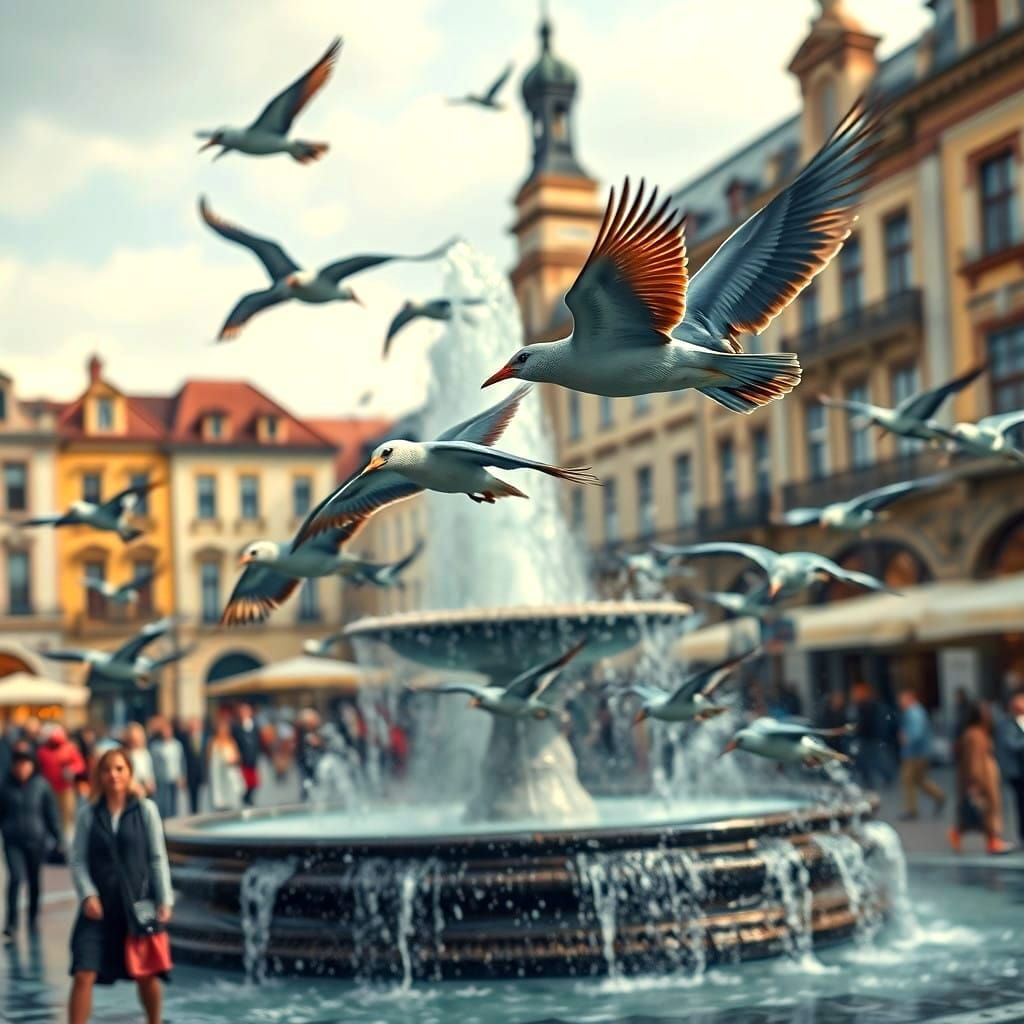 Vibrant Birds in Motion, Classic Town Square Scene