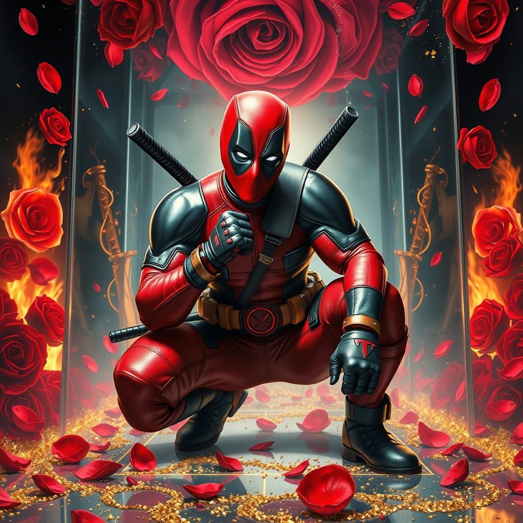 Deadpool's Dramatic Pose Amidst Chaos and Elegance