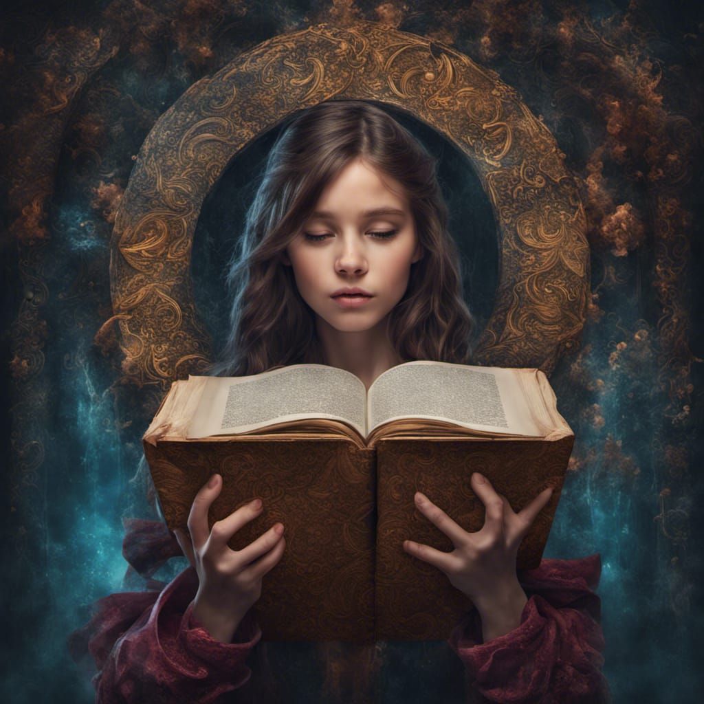 Girl Holds Ornate Book in Fantasy Library