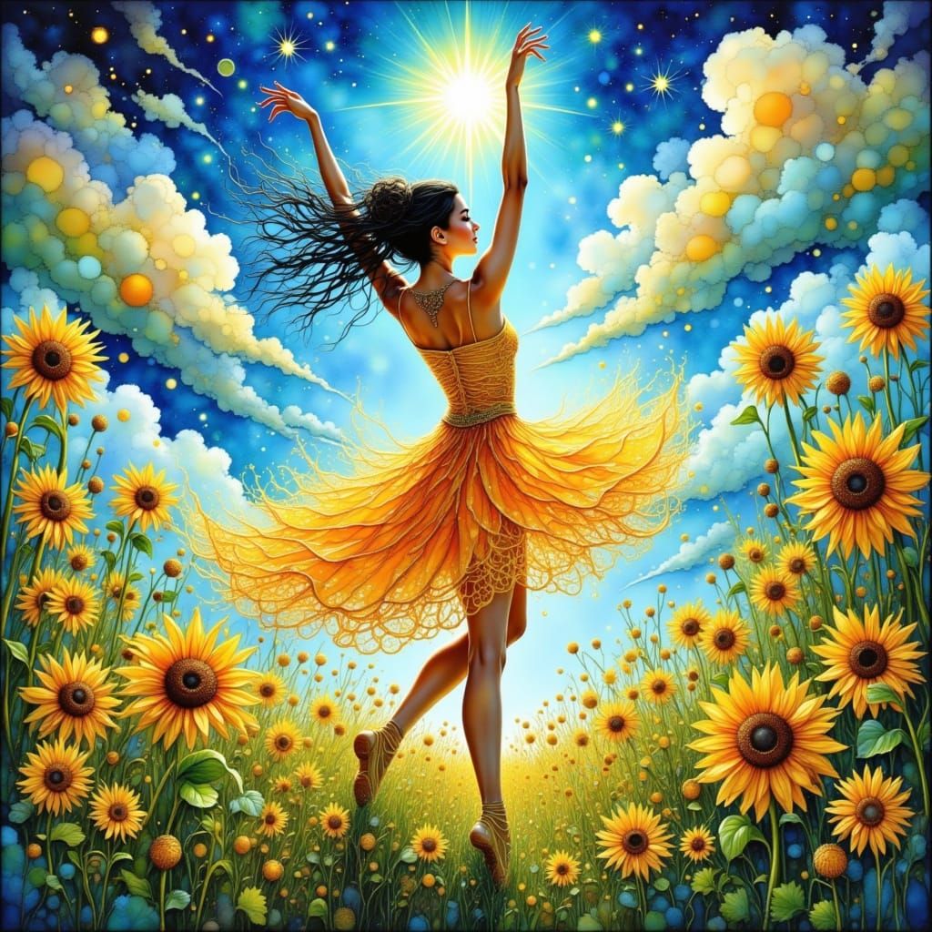 Ballerina Dancing in Sunflower Field Under Bright Sunshine