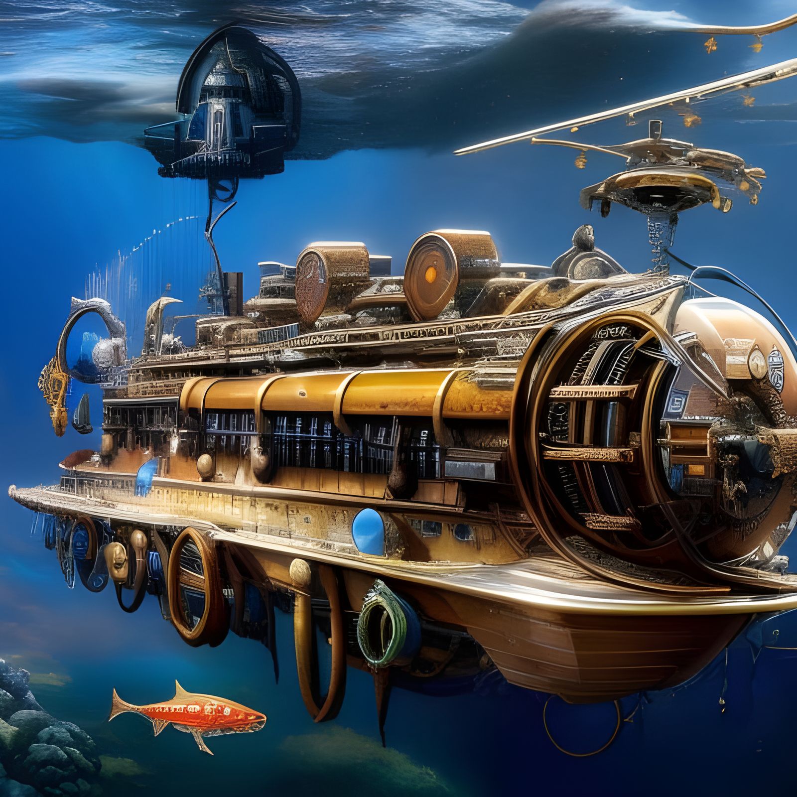 Steampunk Submarine at Sea Bottom: Surreal Art