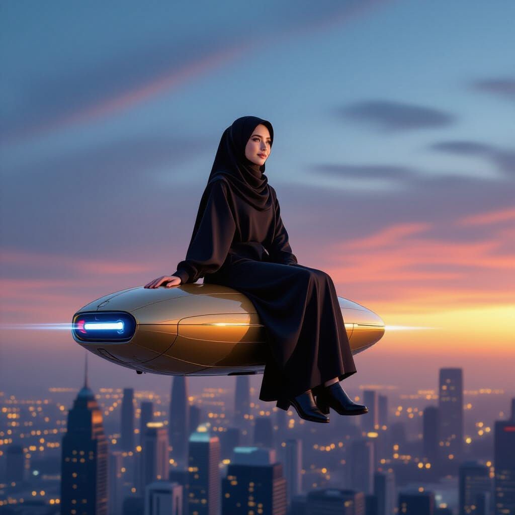 Woman on Golden Dragonfly Soaring Over City