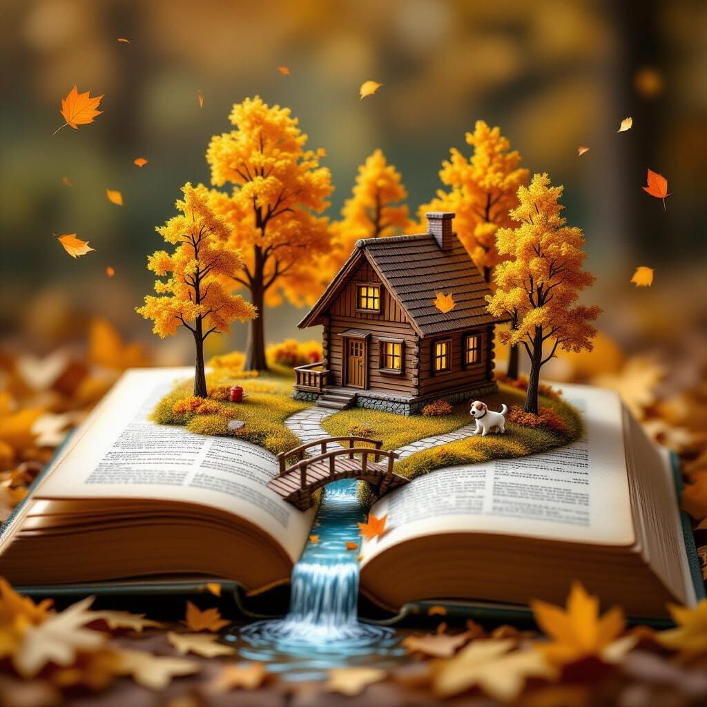 Whimsical Autumn Cabin Pop-Up Book Scene